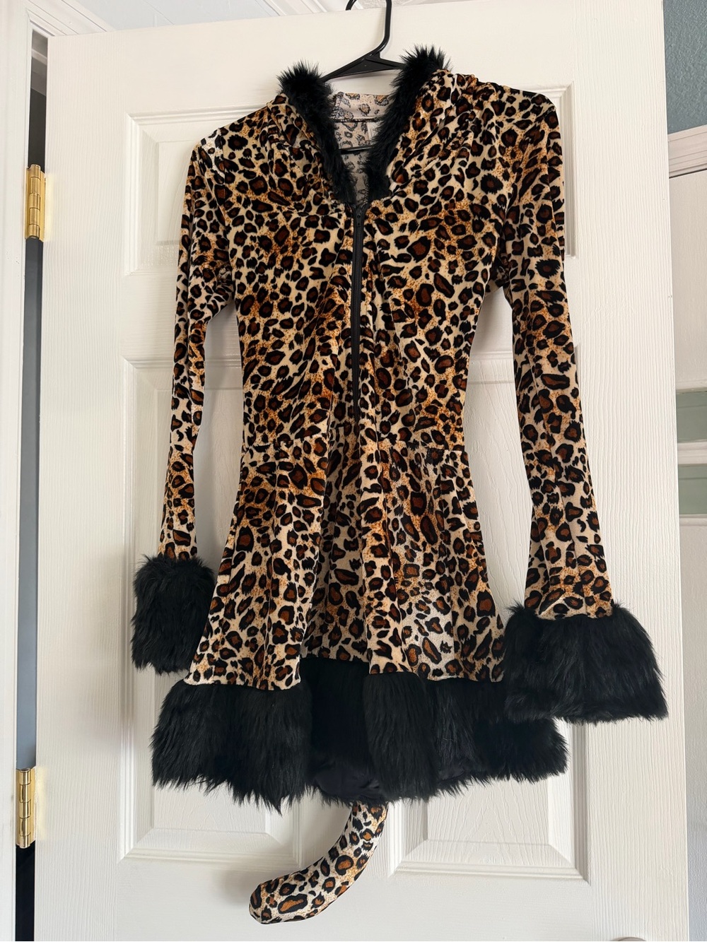 Leopard Print Faux Fur Trim Women's Hooded Coat - Brown
